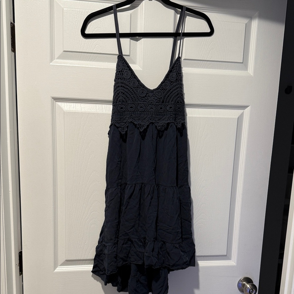 Super Soft Navy Blue Lace Trim Dress with Tie Bow back.